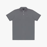 Gray polo shirt with a small logo on a white background
