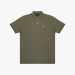 Green polo shirt with a small logo on a white background