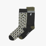 Two socks with different patterns on a white background