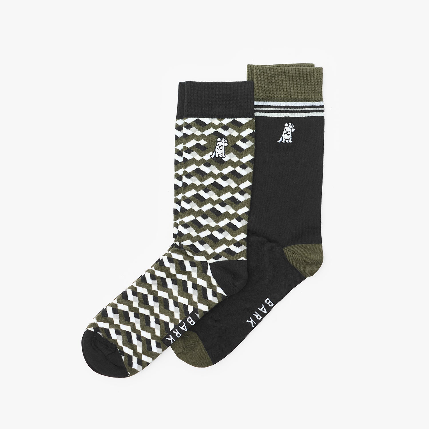 Two socks with different patterns on a white background