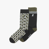 Two socks with different patterns on a white background