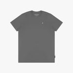 Gray t-shirt with a small logo on a white background