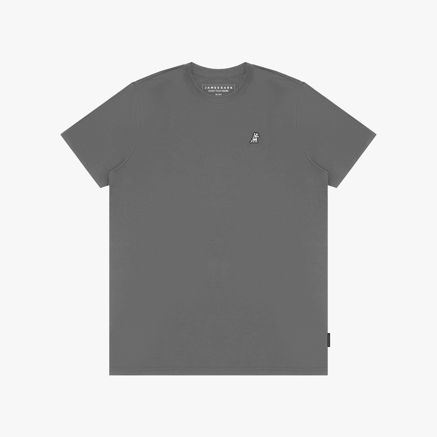Gray t-shirt with a small logo on a white background