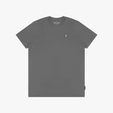 Gray t-shirt with a small logo on a white background