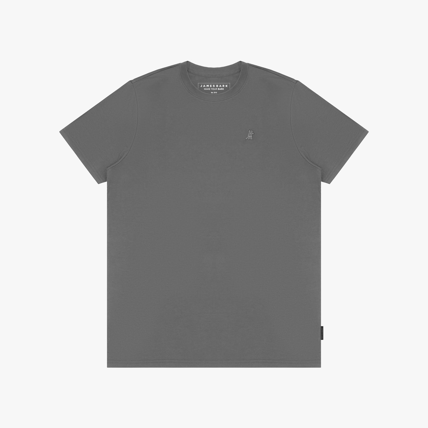 Gray t-shirt with a small logo on a white background