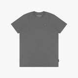 Gray t-shirt with a small logo on a white background