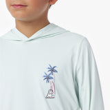 Close-up of a light blue rashguard with palm tree and surfboard design