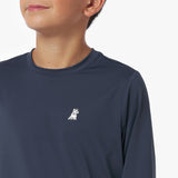 Close-up of a navy blue long-sleeve rashguard with a small white logo