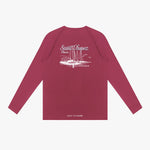 Back view of a maroon long-sleeve rashguard with white graphic design on a white background