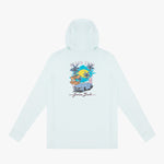 Back view of a light blue hoodie with a beach graphic on a white background