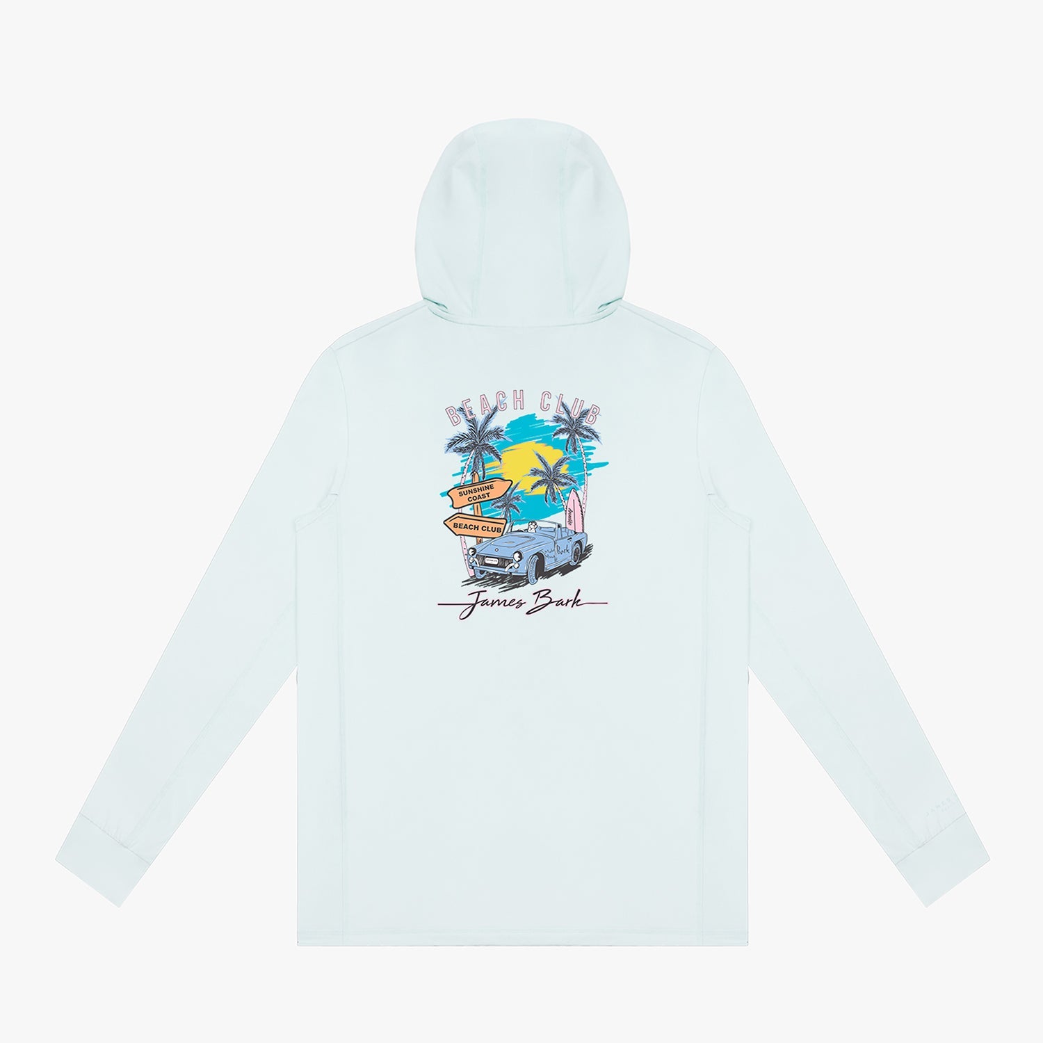 Back view of a light blue hoodie with a beach graphic on a white background