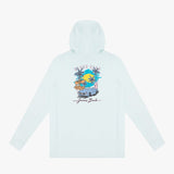 Back view of a light blue hoodie with a beach graphic on a white background
