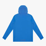 Back view of a blue hooded rashguard on a light gray background