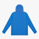 Back view of a blue hooded rashguard on a light gray background