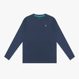 Navy long-sleeve rashguard with a small logo on a white background