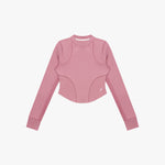 Pink long-sleeve crop top rashguard on a white background