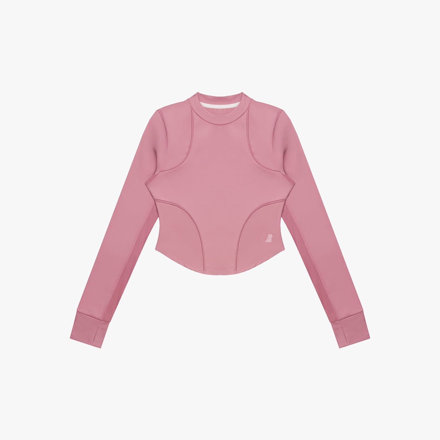 Pink long-sleeve crop top rashguard on a white background
