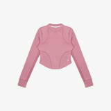 Pink long-sleeve crop top rashguard on a white background