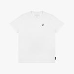 White t-shirt with a small logo on a white background
