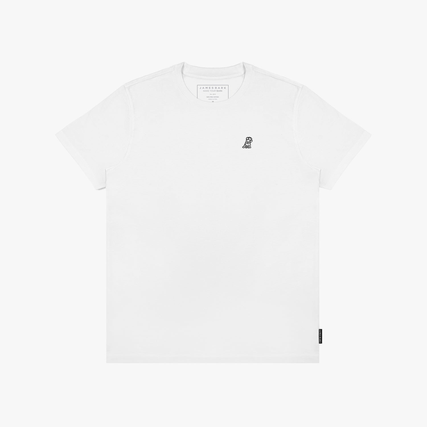 White t-shirt with a small logo on a white background