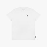 White t-shirt with a small logo on a white background