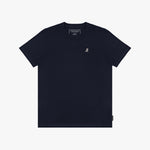 Navy t-shirt with a small white logo on a white background