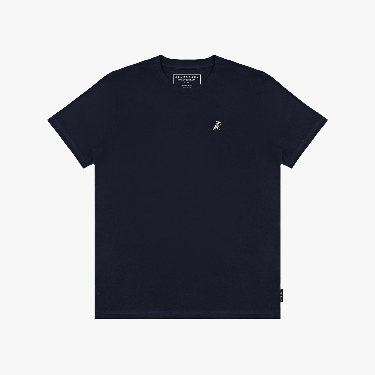 Navy t-shirt with a small white logo on a white background