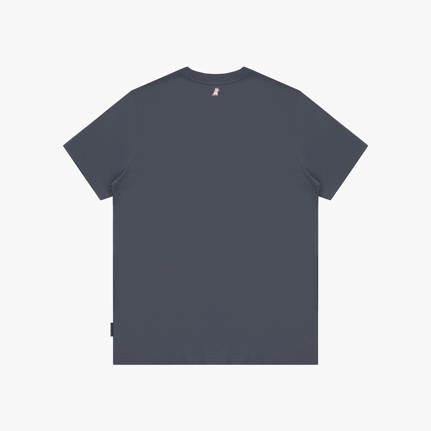 Back view of a dark gray t-shirt on a white background