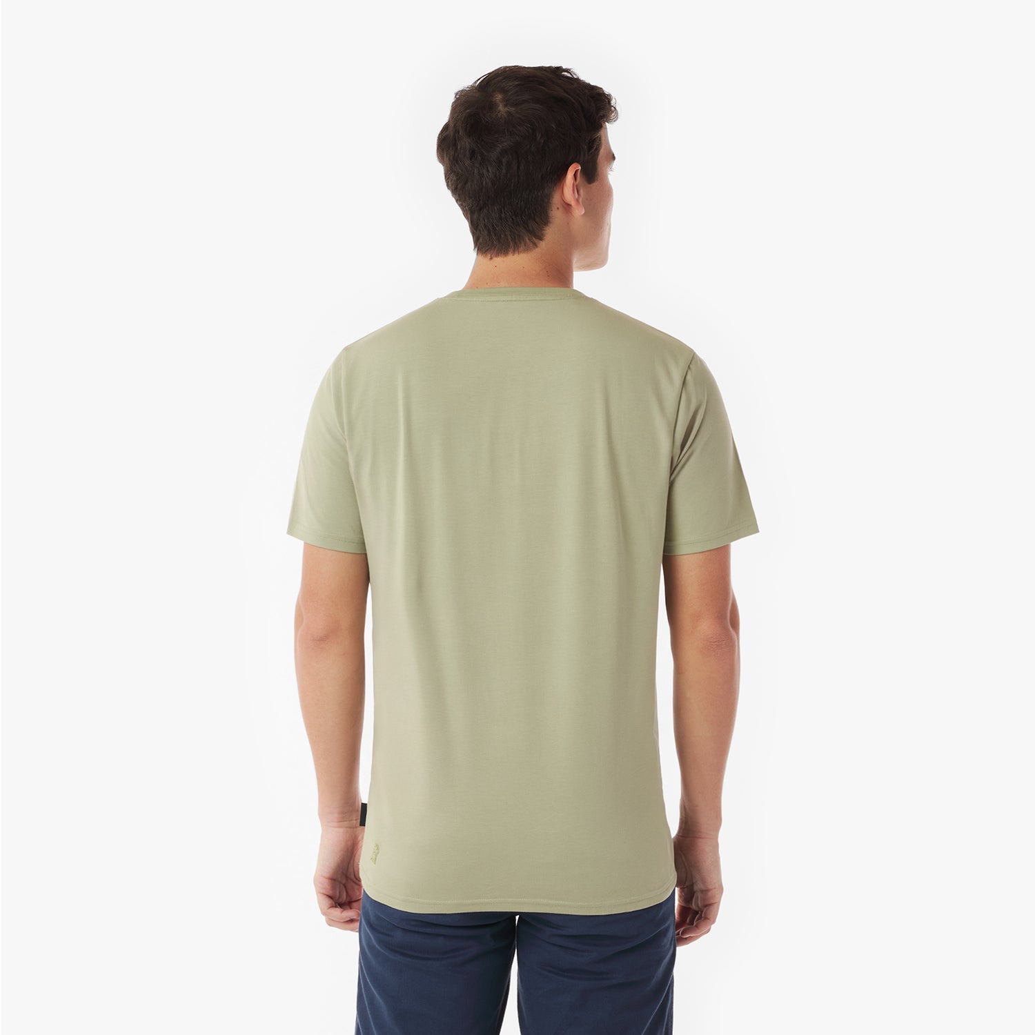 Back picture of a man wearing a light green t-shirt on a white background