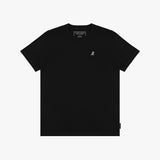 Black t-shirt with a small logo on a white background