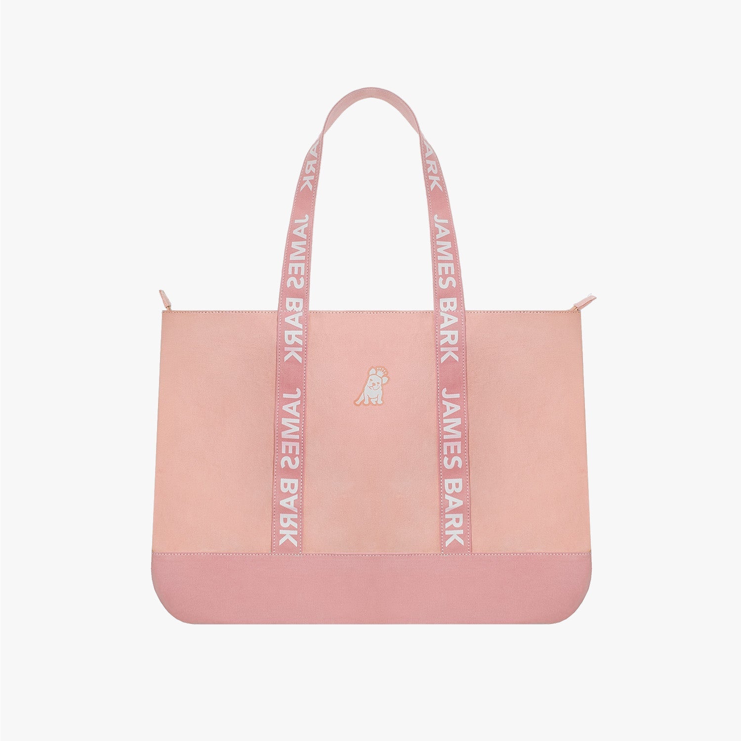 The James Bark tote bag in a two-tone pink design with branded straps and a centered dog logo