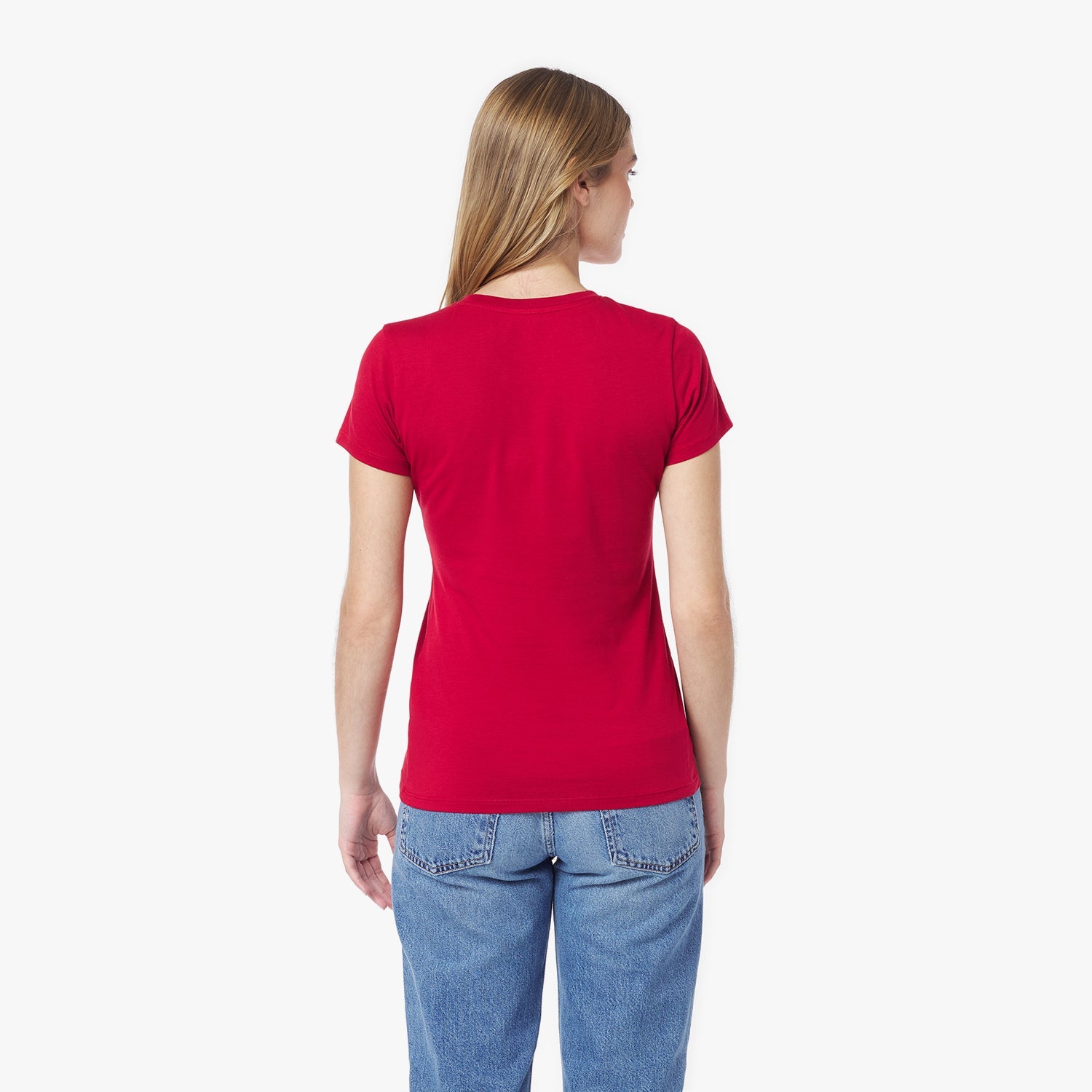 Back view of a woman wearing a red t-shirt and blue jeans on a white background