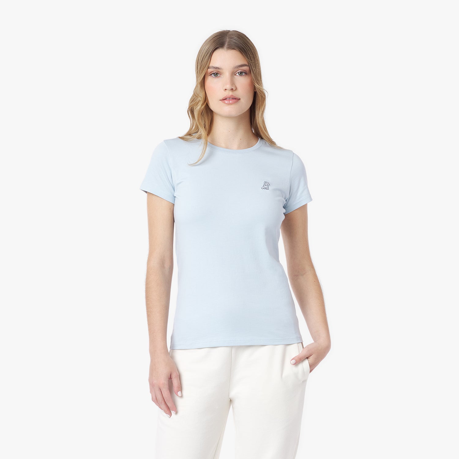 Woman wearing a light blue t-shirt on a white background