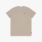 Beige t-shirt with a small logo on a white background