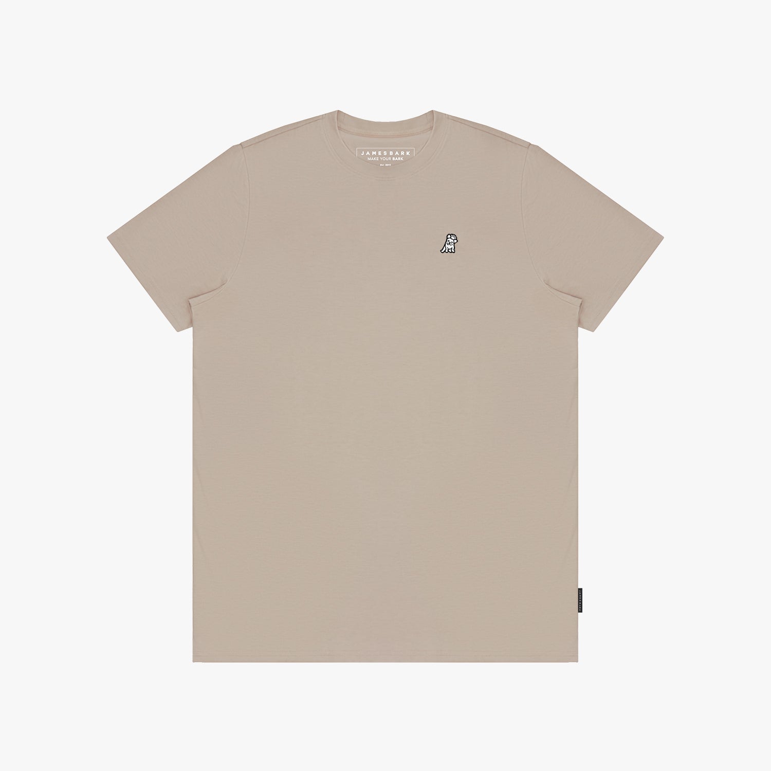Beige t-shirt with a small logo on a white background