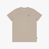 Beige t-shirt with a small logo on a white background