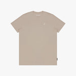 Beige t-shirt with a small logo on a white background