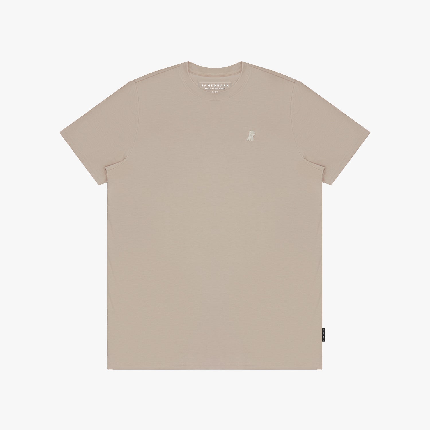 Beige t-shirt with a small logo on a white background