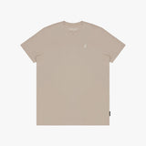 Beige t-shirt with a small logo on a white background