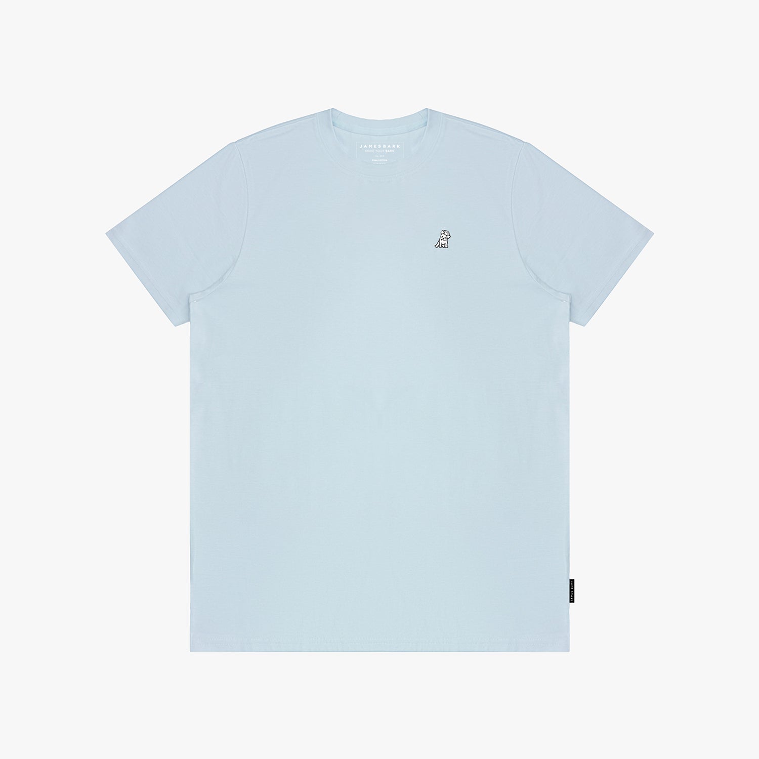 Light blue t-shirt with a small logo on the chest against a white background