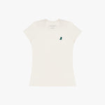 White t-shirt with a small green logo on a white background