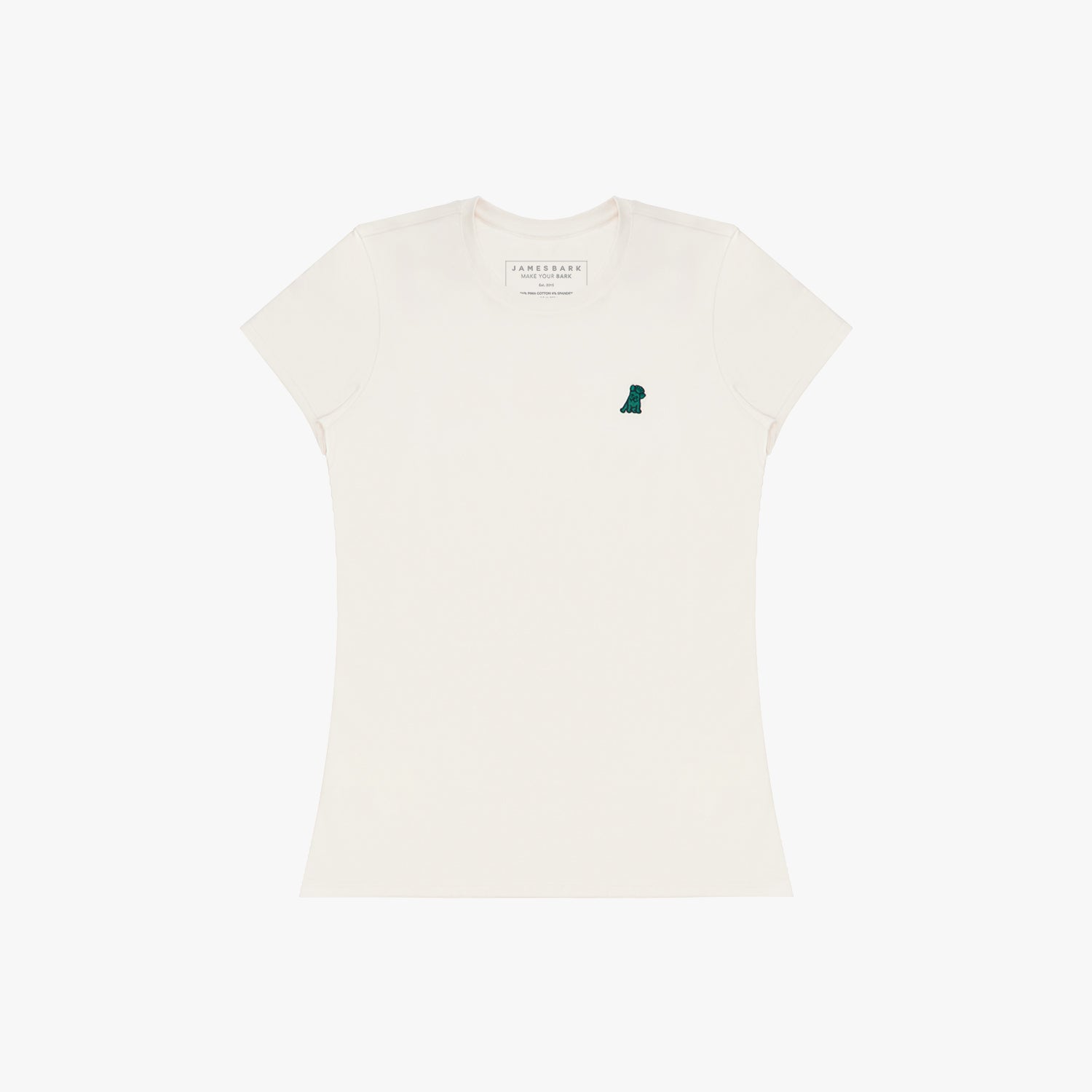 White t-shirt with a small green logo on a white background