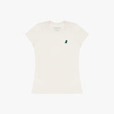 White t-shirt with a small green logo on a white background