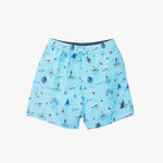 Front view of light blue kid's swim trunks with a white print, shown on a white background