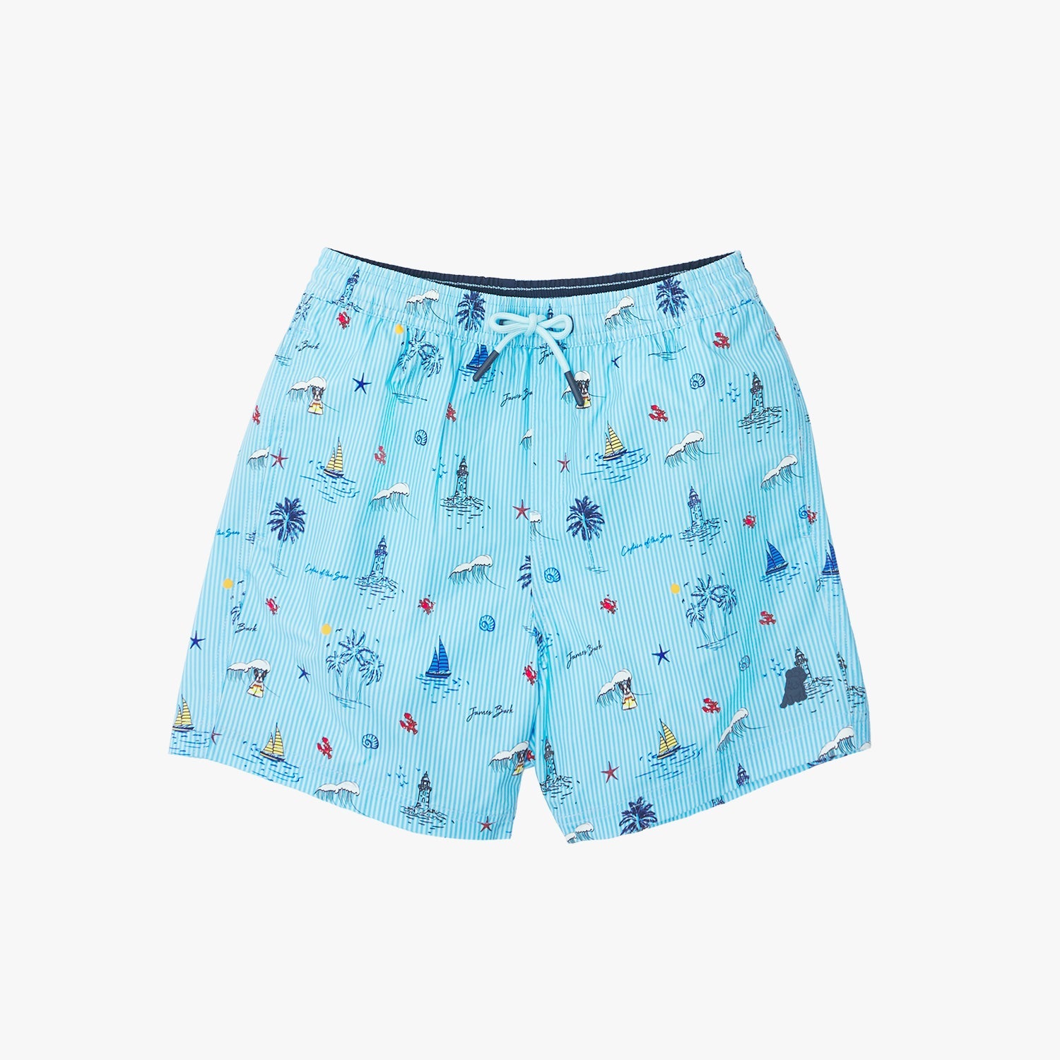 Front view of light blue kid's swim trunks with a white print, shown on a white background