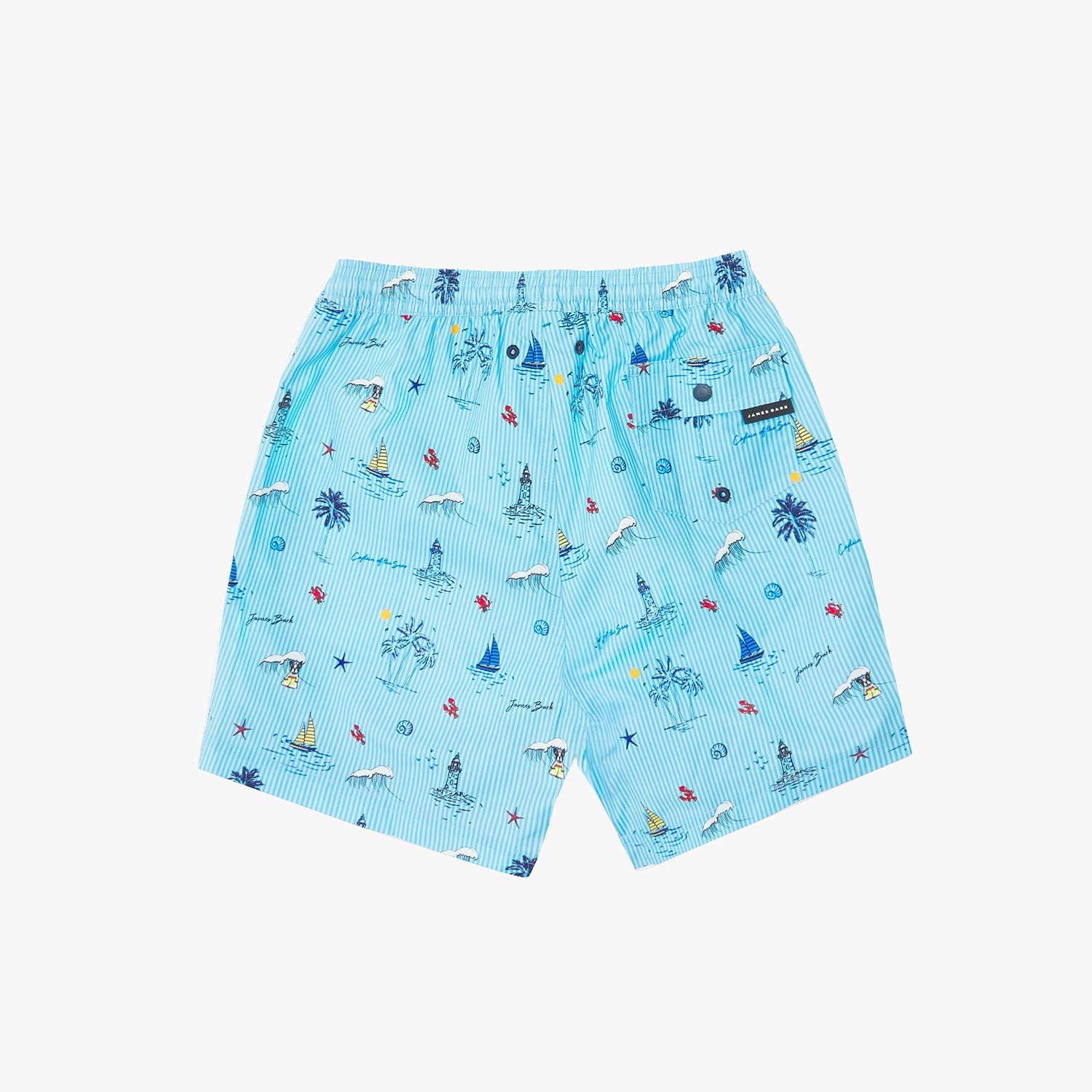 Back view of the light blue nautical print kid's swim trunks, showing the elastic waistband and a single back pocket with a small brand tag