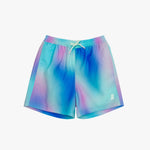 Front view of men's swim trunks in a vibrant watercolor tie-dye pattern of blue, aqua, and purple, featuring a mint green drawstring and a small embroidered logo on the leg