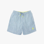 Front view of men's blue and white striped swim trunks with a neon yellow drawstring and a matching embroidered logo on the leg, shown on a white background