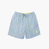 Front view of men's blue and white striped swim trunks with a neon yellow drawstring and a matching embroidered logo on the leg, shown on a white background
