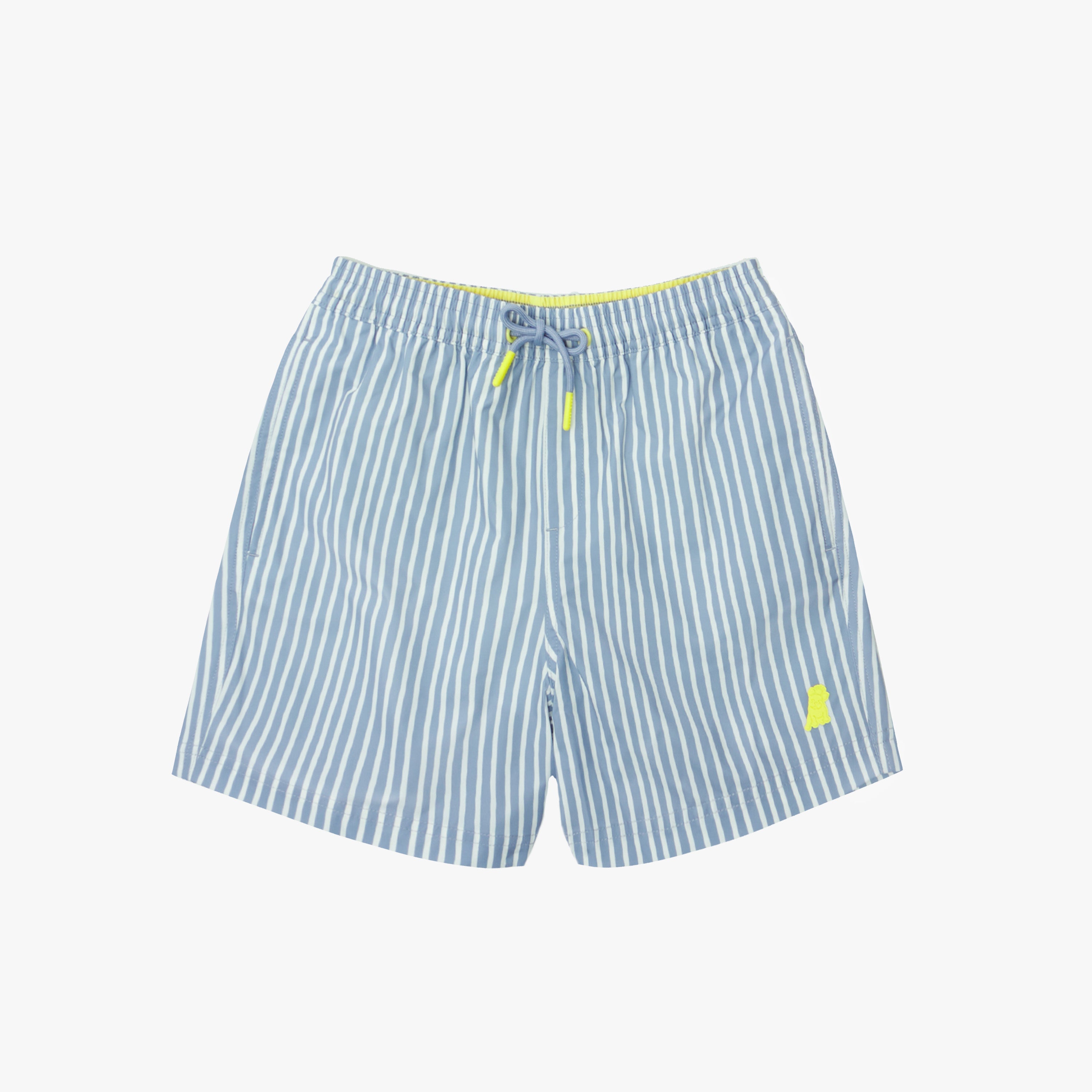 Front view of men's blue and white striped swim trunks with a neon yellow drawstring and a matching embroidered logo on the leg, shown on a white background